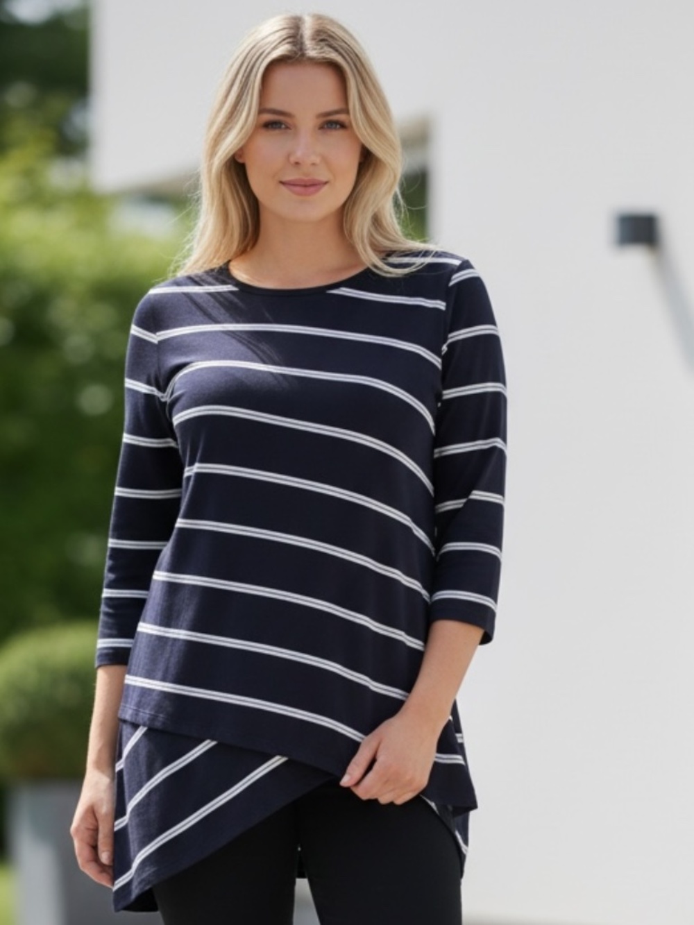 Allison Daley black and white Nautical striped  tunic top,assimetic hem, size L